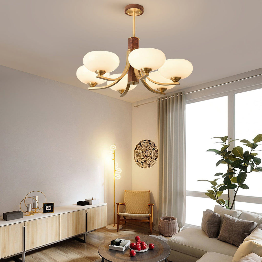Three-Arm Walnut & Brass Glass Shade Chandelier