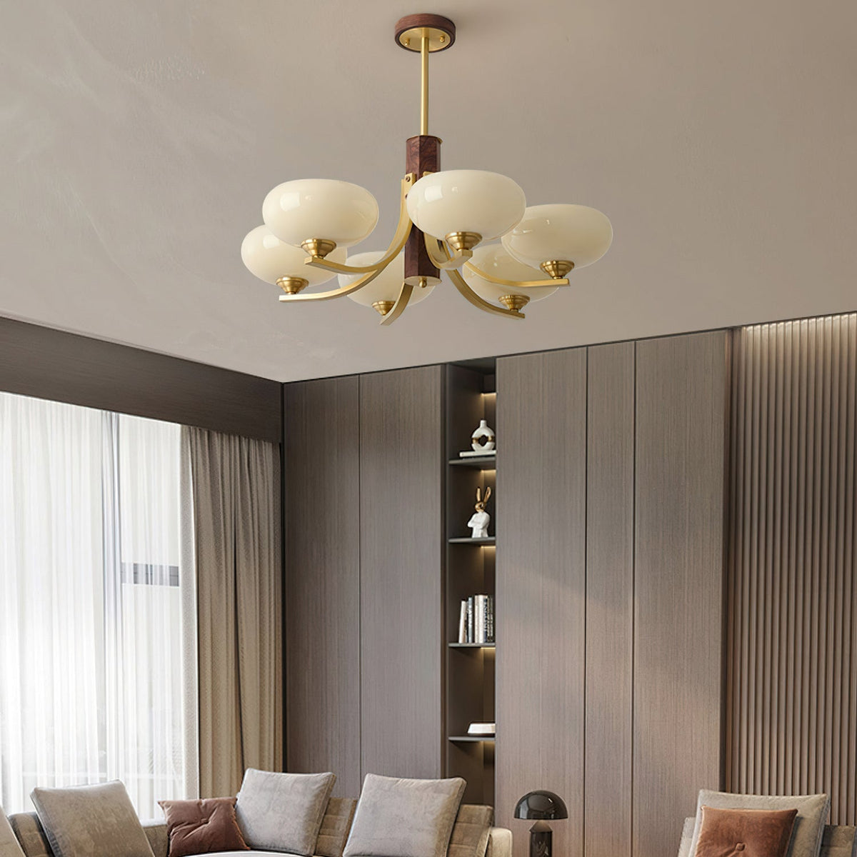 Three-Arm Walnut & Brass Glass Shade Chandelier