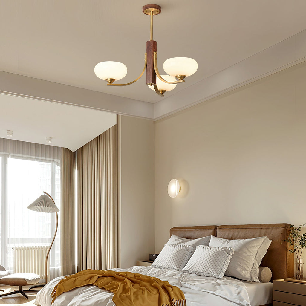 Three-Arm Walnut & Brass Glass Shade Chandelier