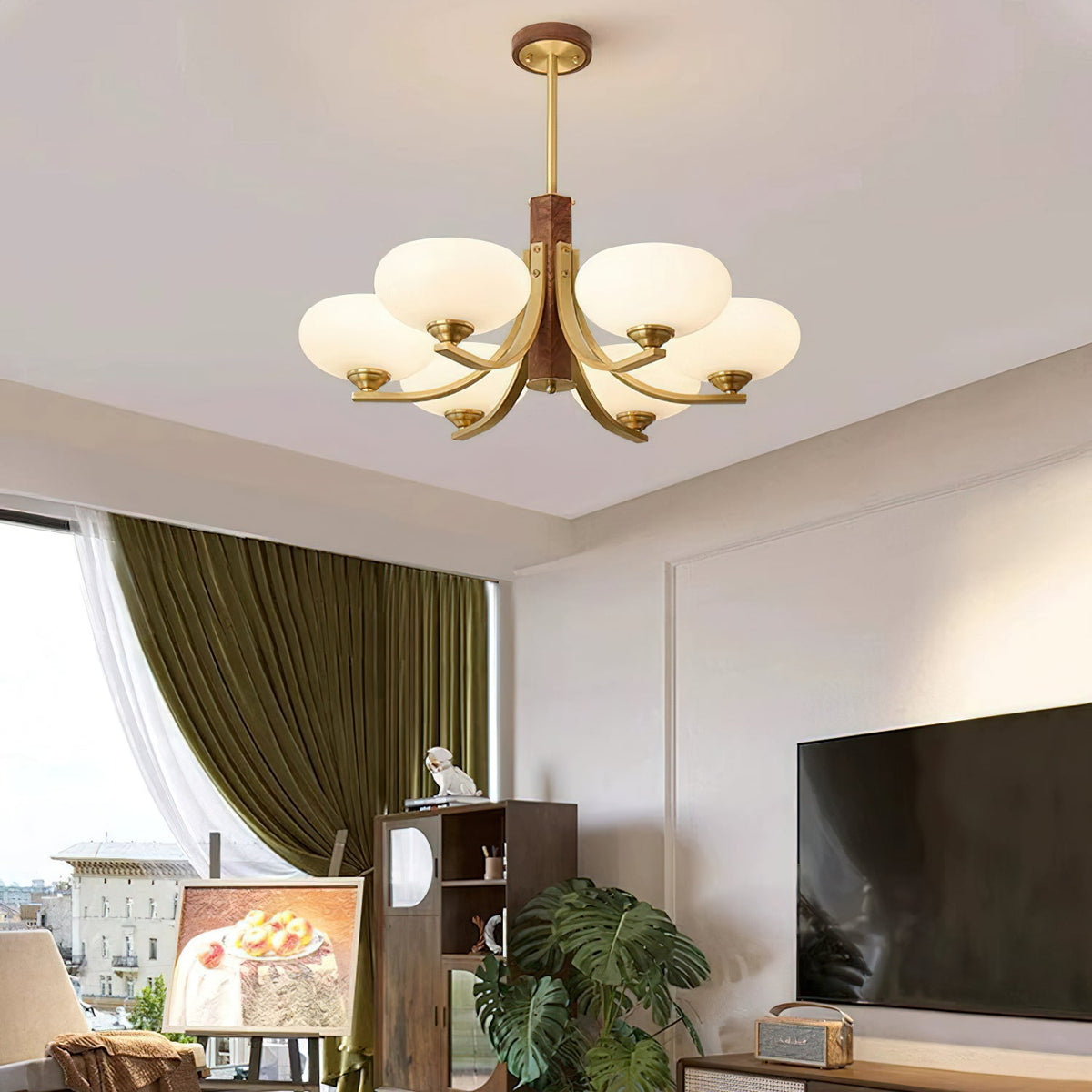 Three-Arm Walnut & Brass Glass Shade Chandelier