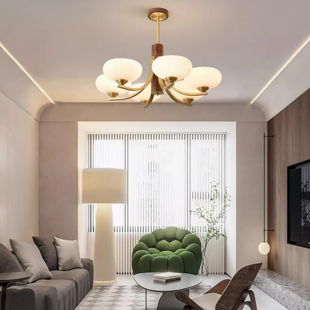 Three-Arm Walnut & Brass Glass Shade Chandelier
