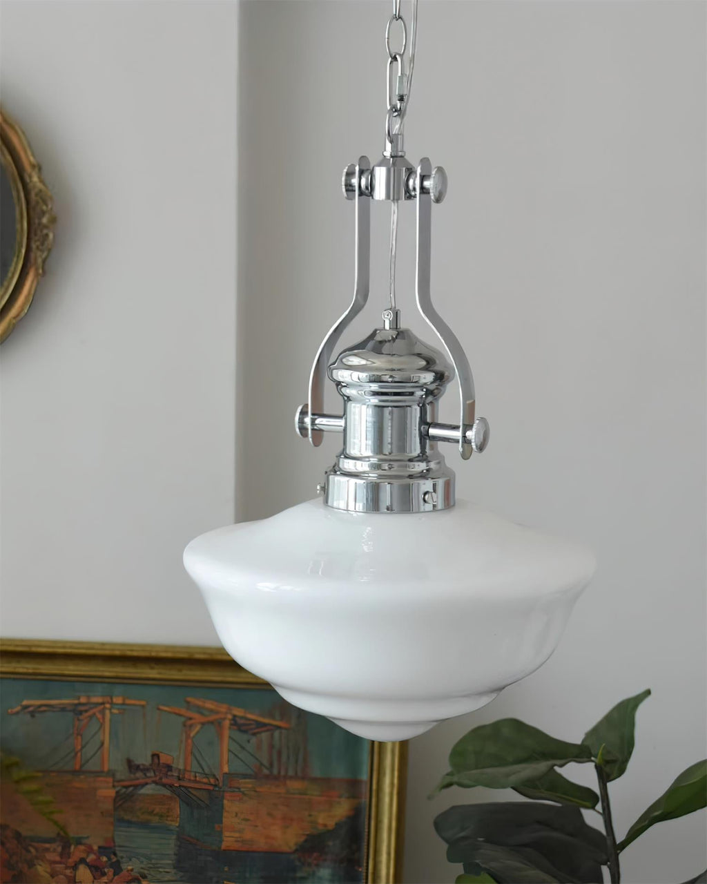 Chrome & White Glass Bowl Chain Pendant