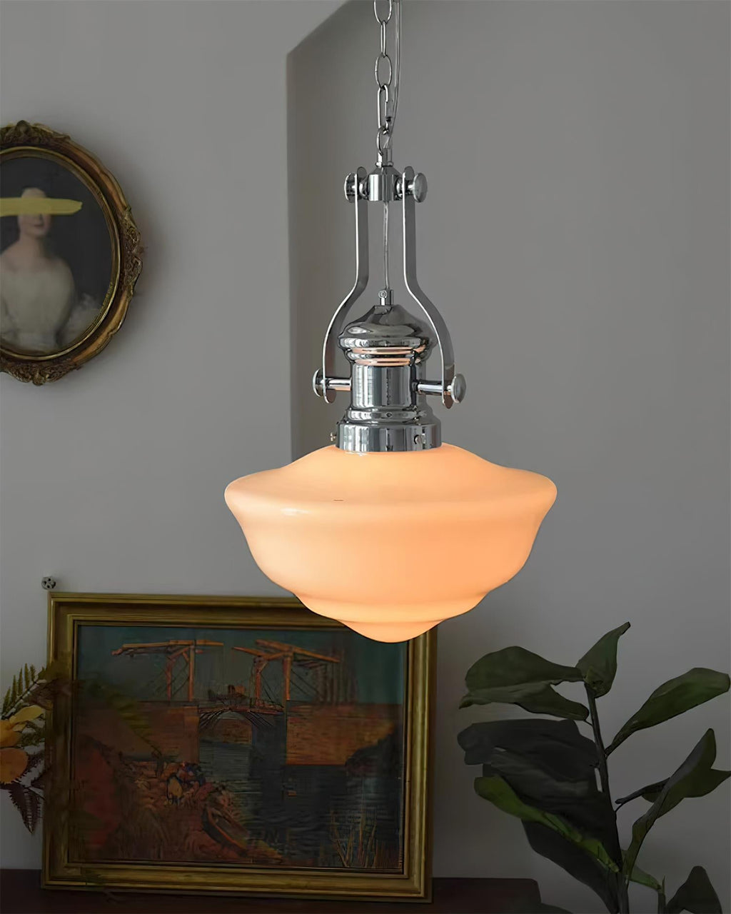 Chrome & White Glass Bowl Chain Pendant