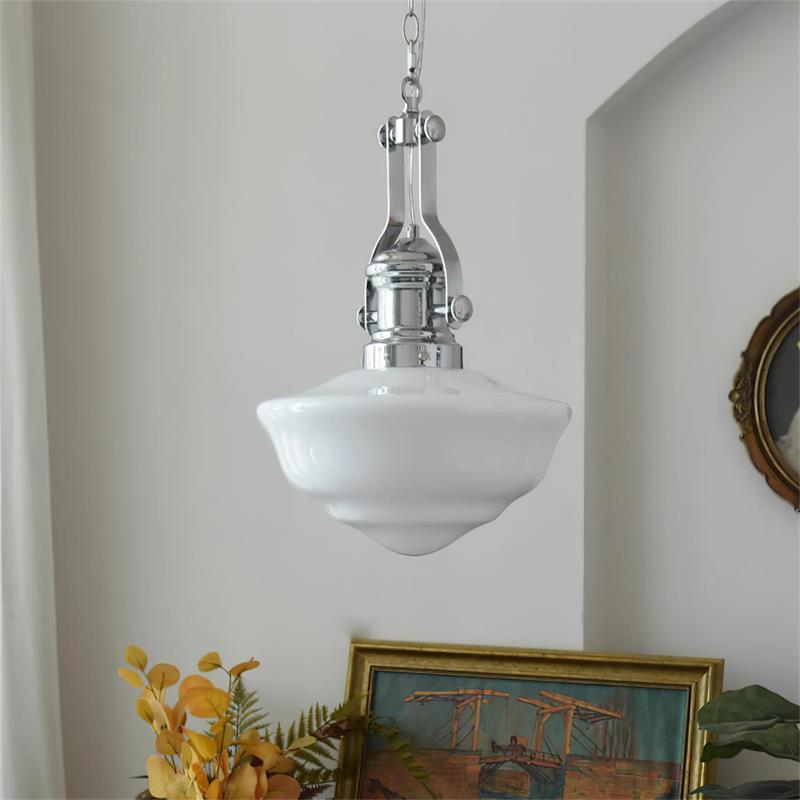 Chrome & White Glass Bowl Chain Pendant