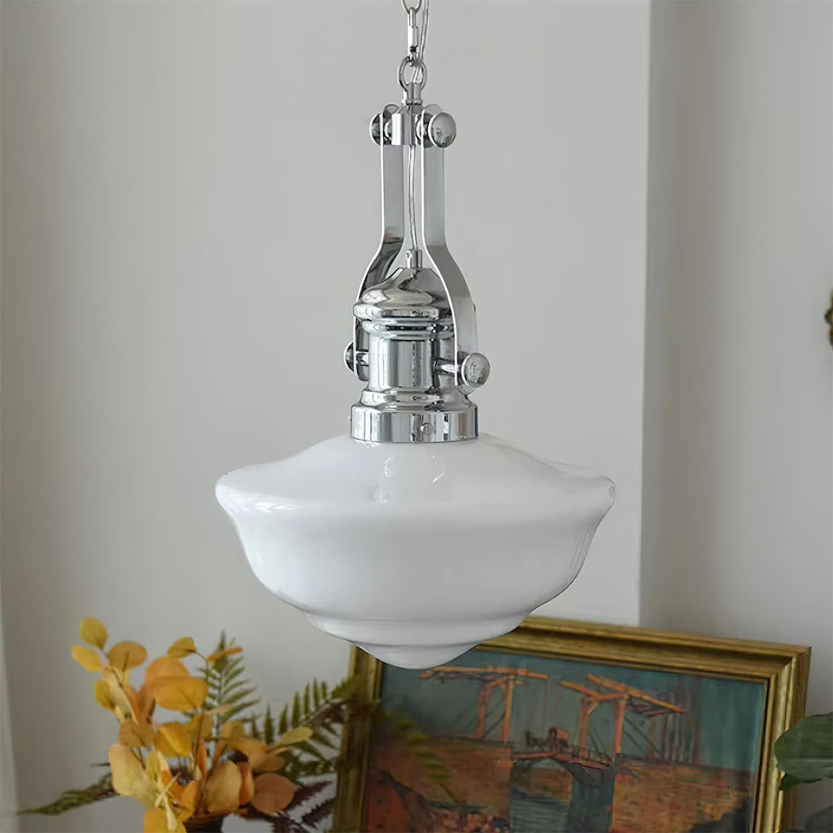 Chrome & White Glass Bowl Chain Pendant