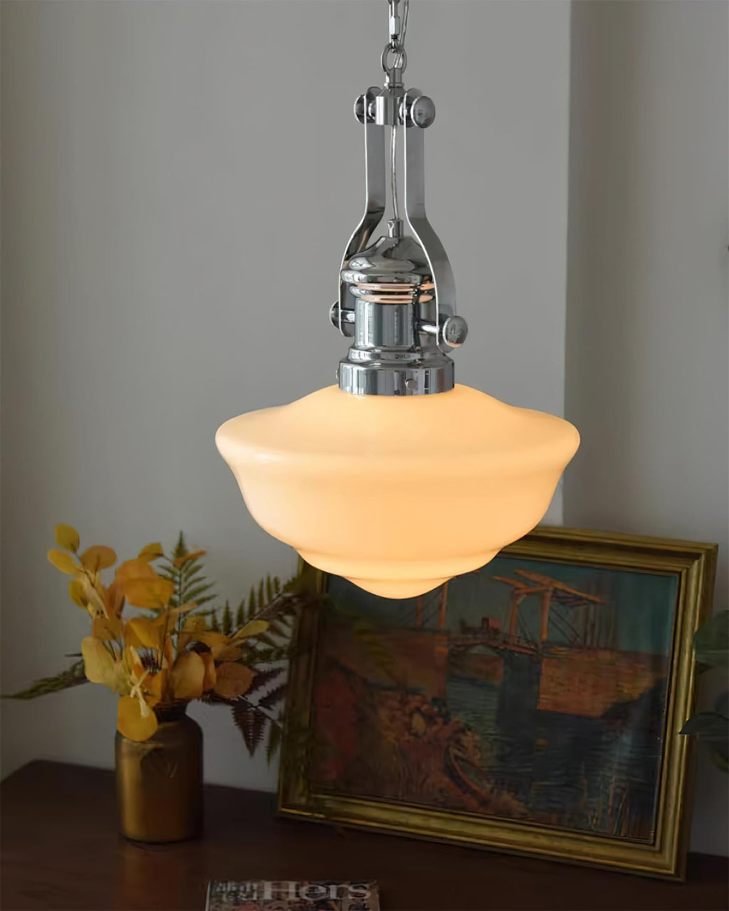 Chrome & White Glass Bowl Chain Pendant