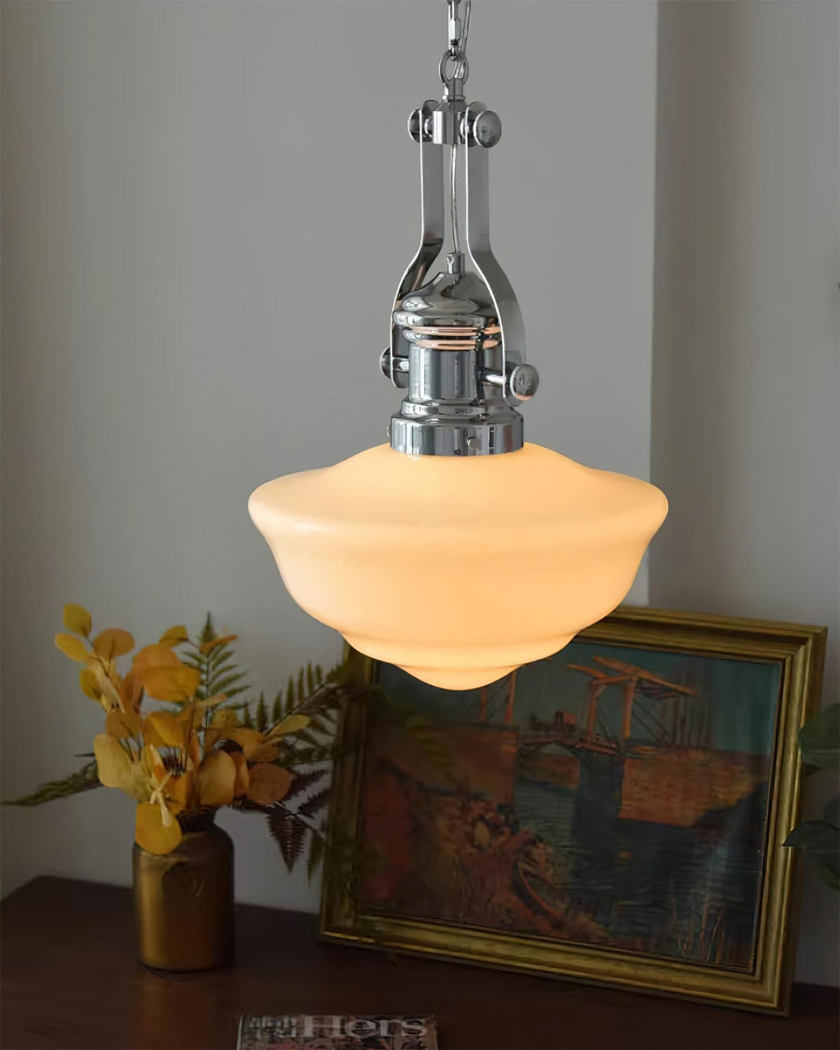Chrome & White Glass Bowl Chain Pendant