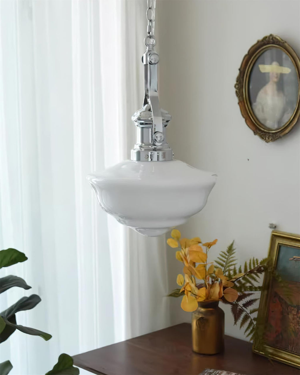 Chrome & White Glass Bowl Chain Pendant