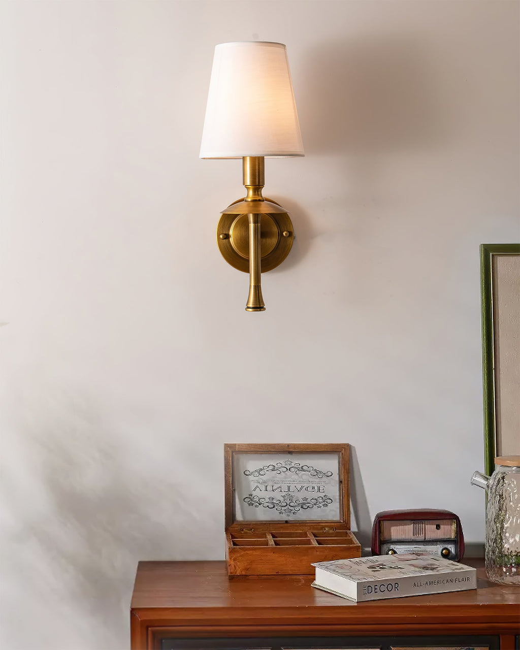 Slim Brass Stem Linen Wall Light