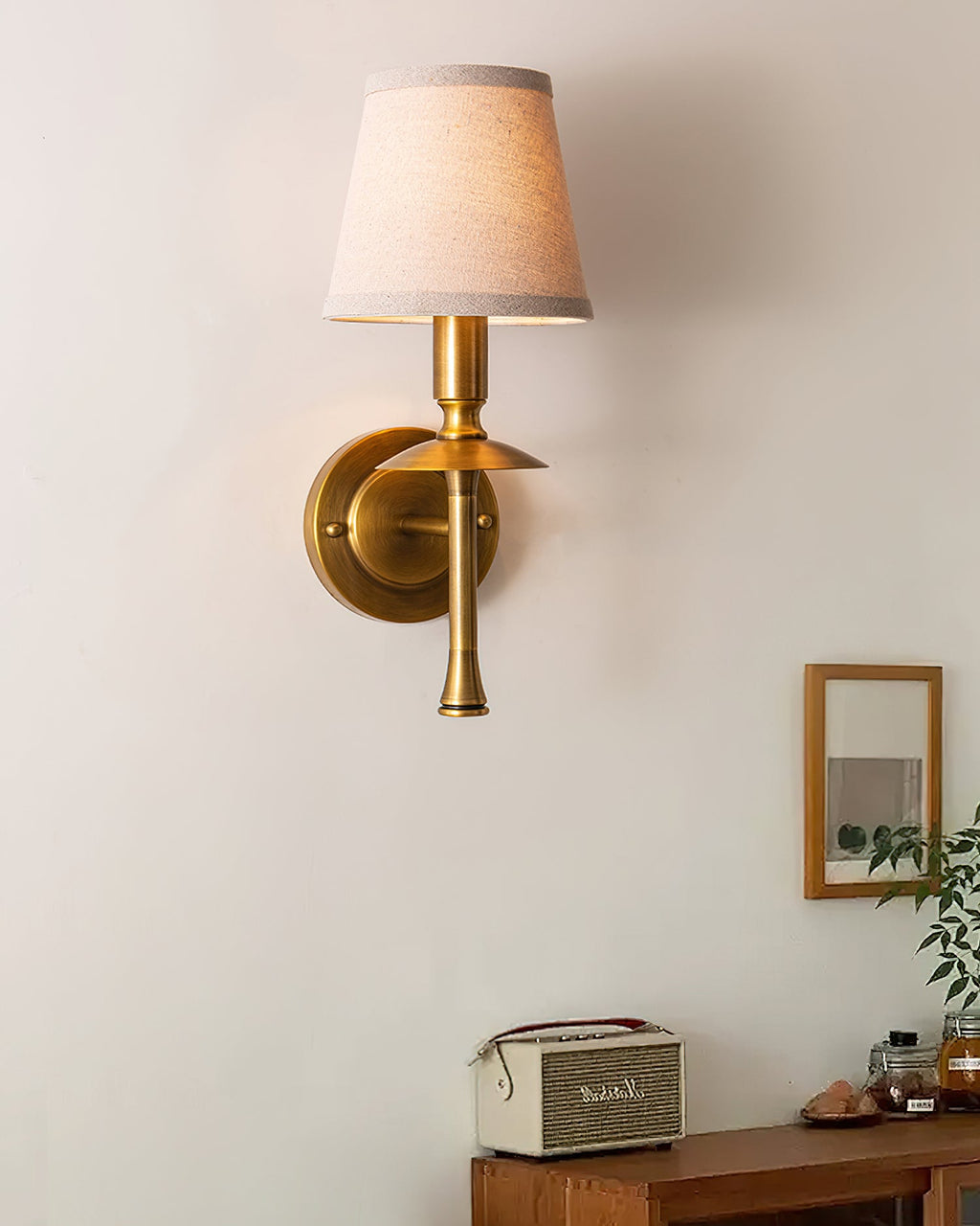 Slim Brass Stem Linen Wall Light