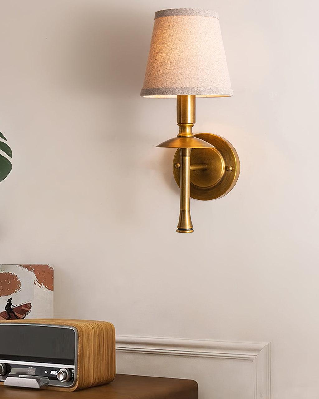 Slim Brass Stem Linen Wall Light