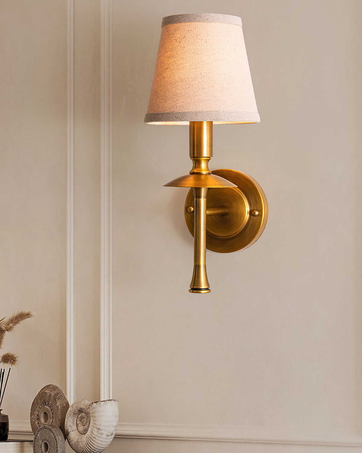 Slim Brass Stem Linen Wall Light