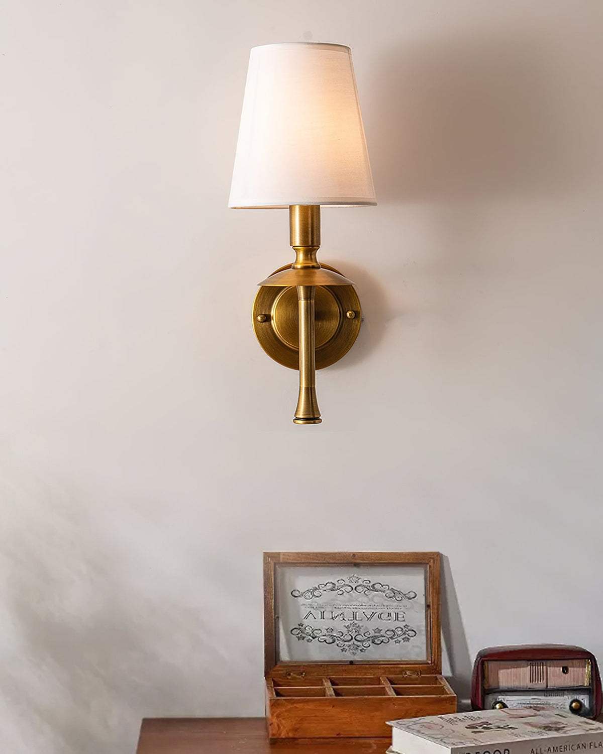 Slim Brass Stem Linen Wall Light