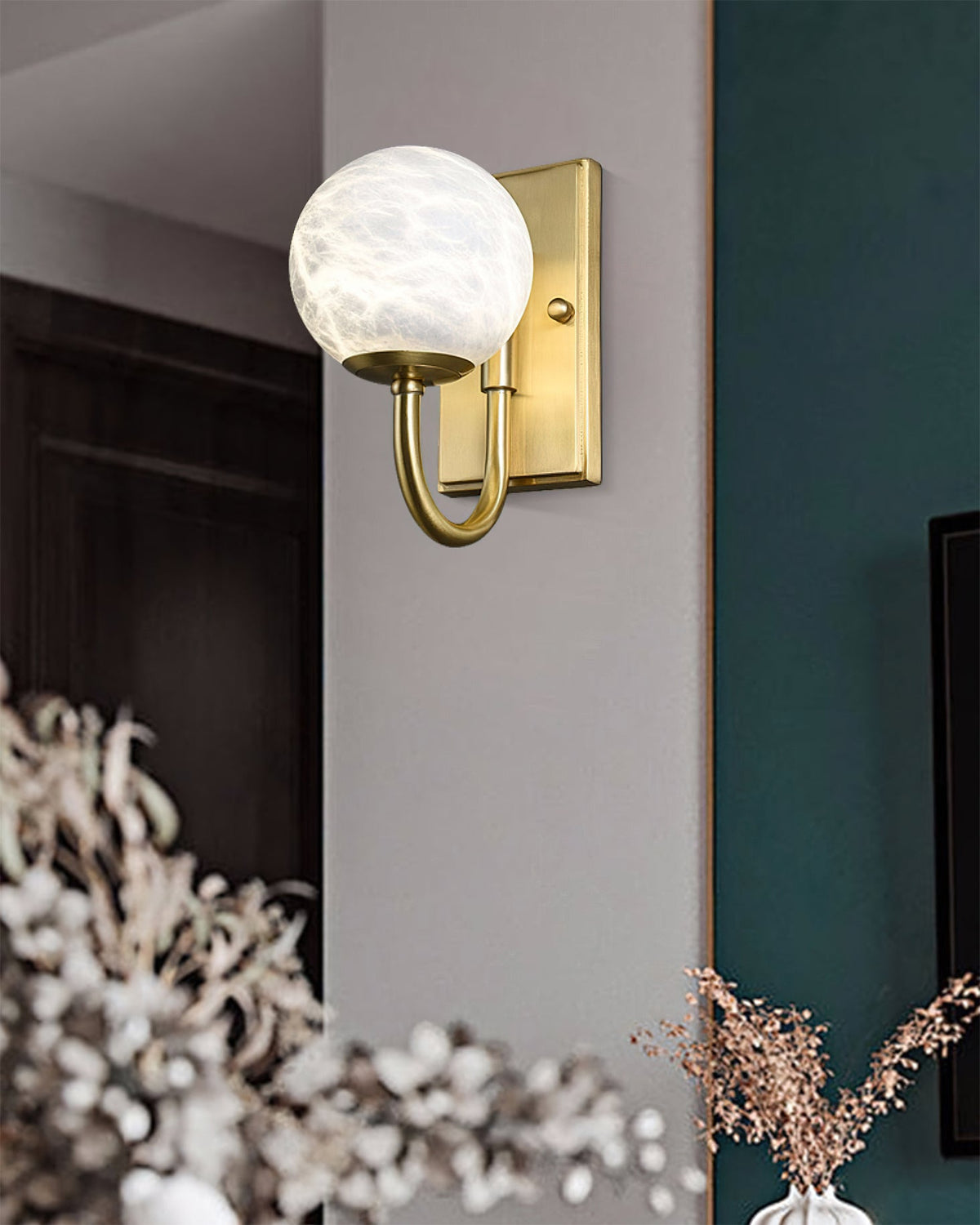 Alabaster Globe Curved Arm Wall Lamp