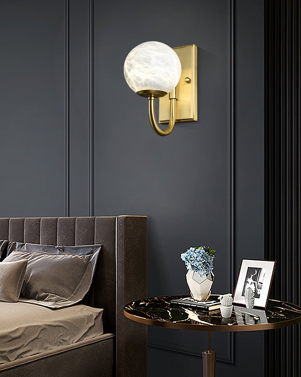 Alabaster Globe Curved Arm Wall Lamp