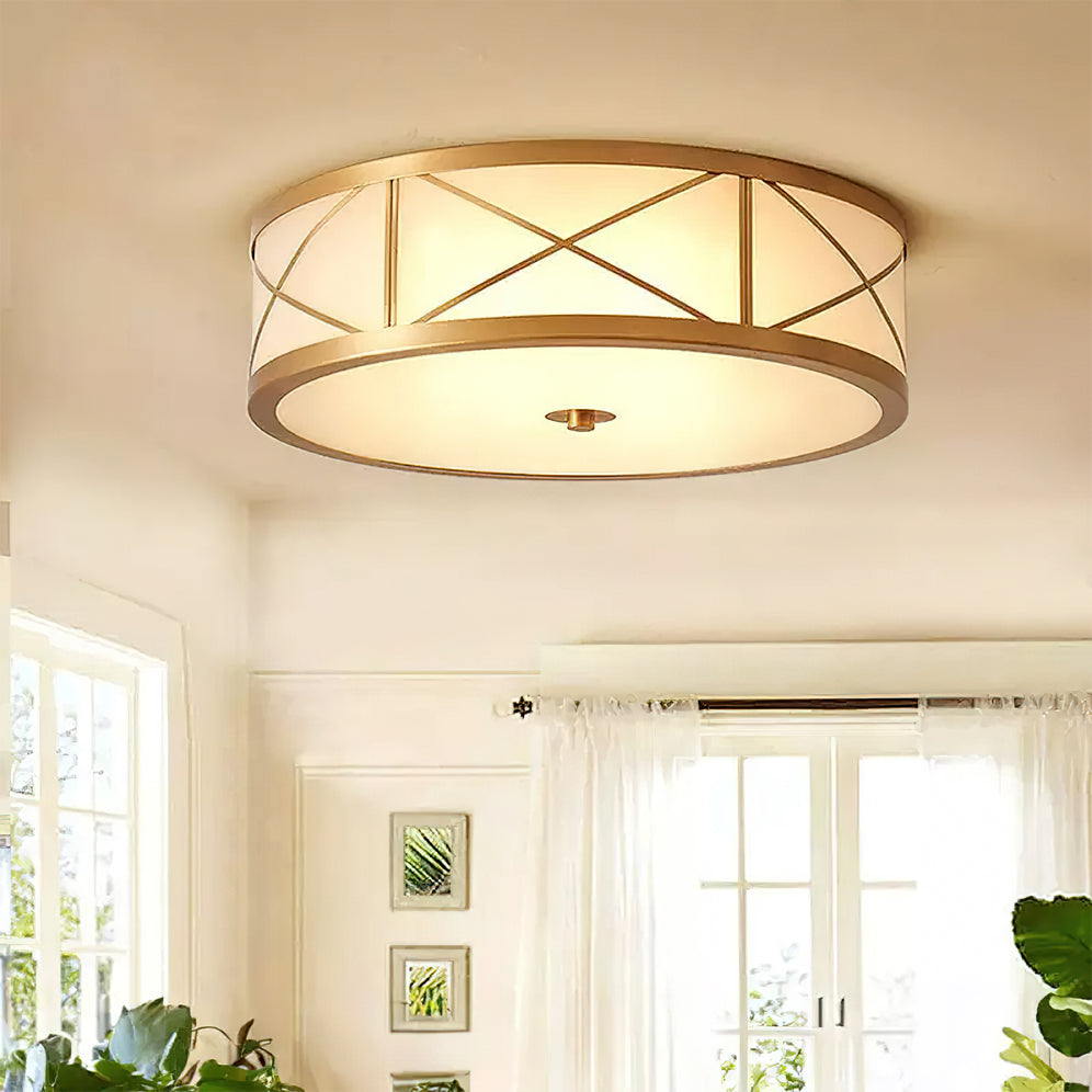 Crisscross Brass Frosted Glass Flush Ceiling Light