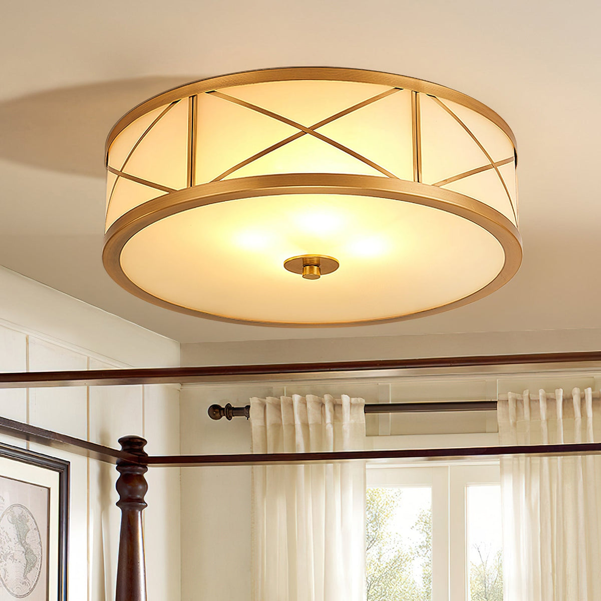 Crisscross Brass Frosted Glass Flush Ceiling Light