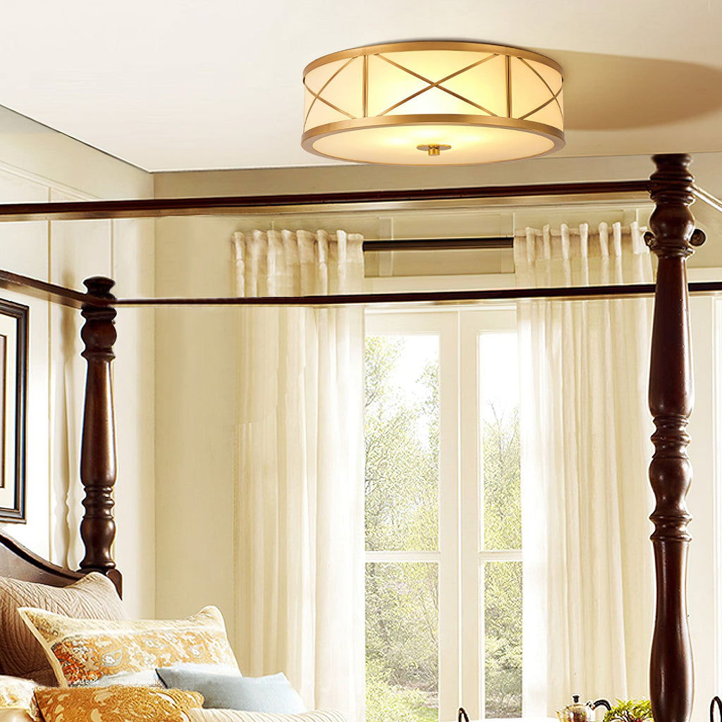 Crisscross Brass Frosted Glass Flush Ceiling Light