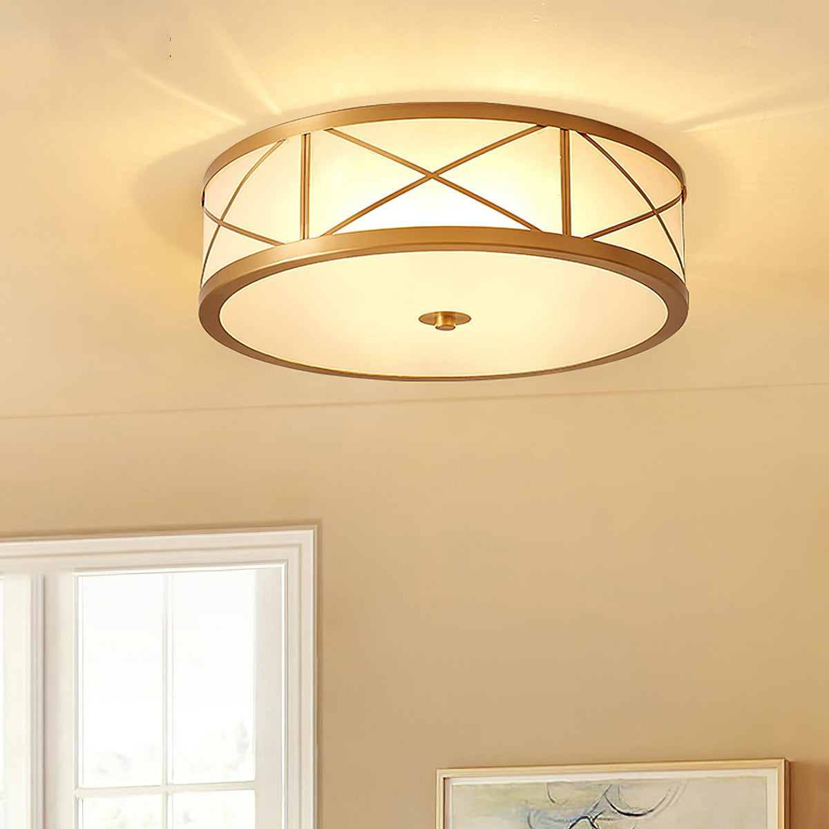 Crisscross Brass Frosted Glass Flush Ceiling Light