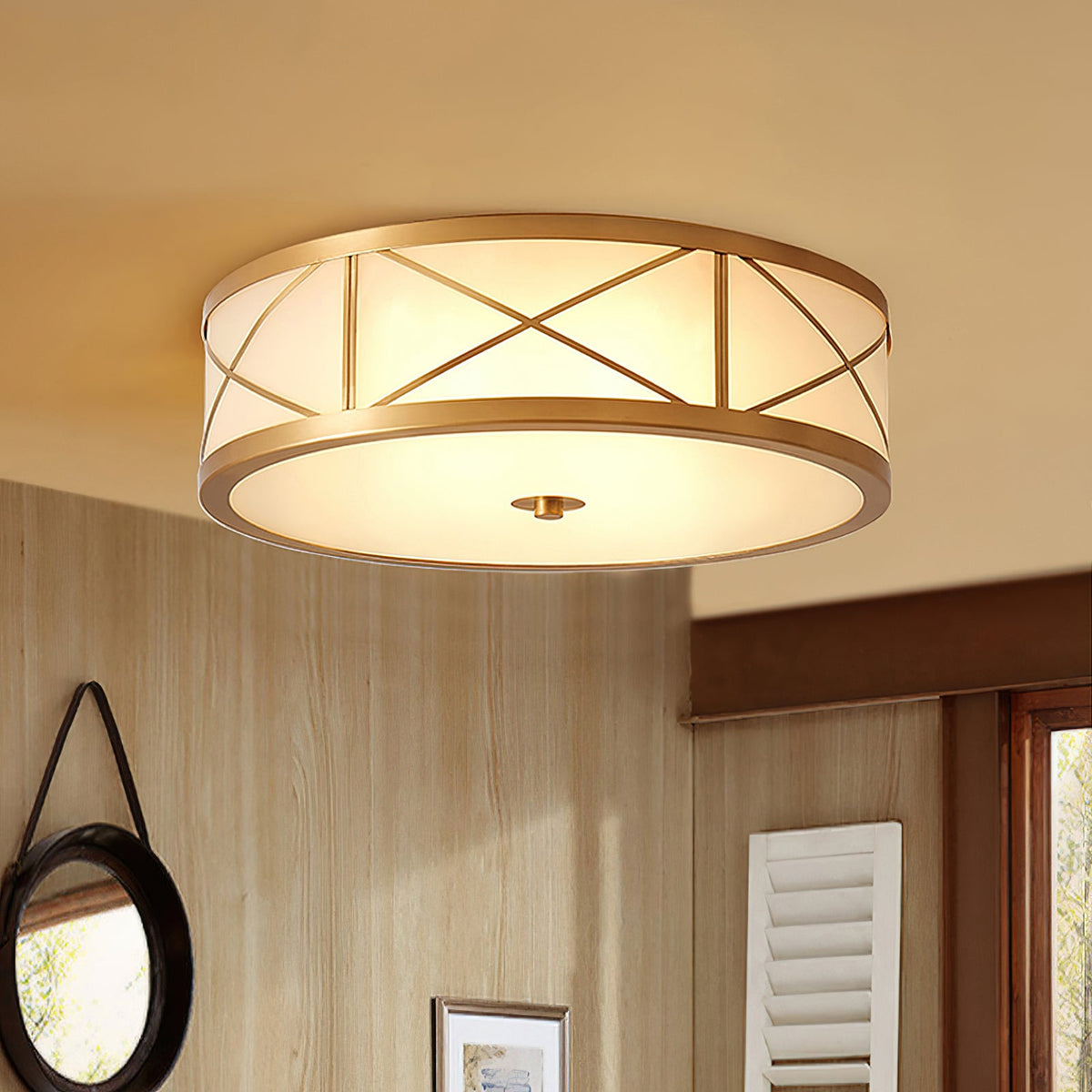 Crisscross Brass Frosted Glass Flush Ceiling Light