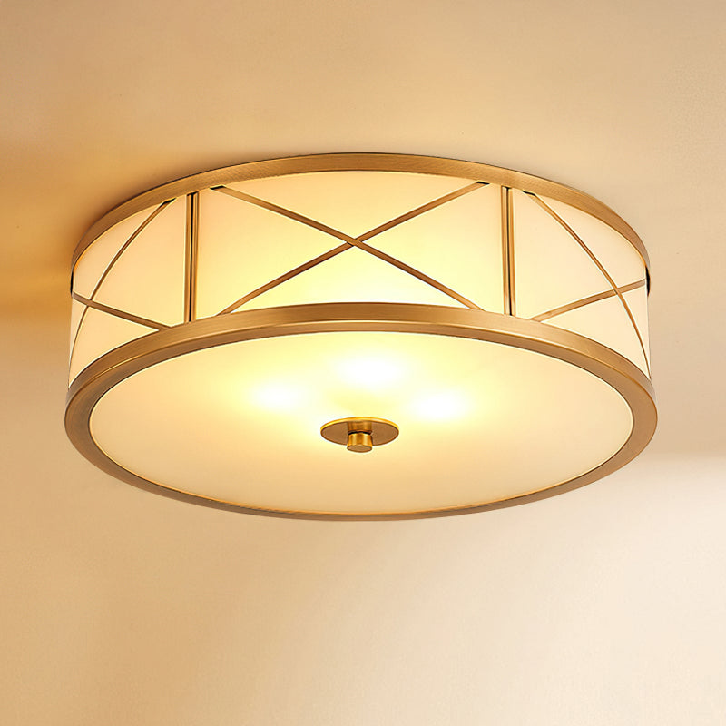 Crisscross Brass Frosted Glass Flush Ceiling Light