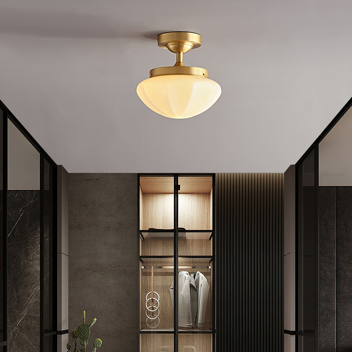 Domed Glass Brass Semi-Flush Ceiling Light