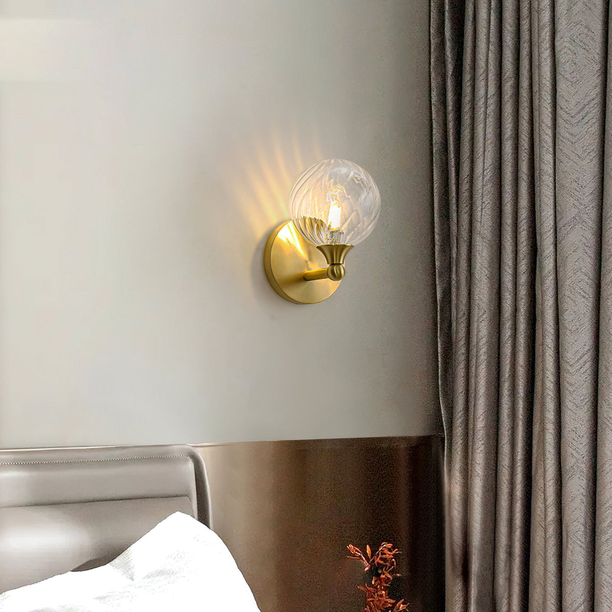 Ribbed Clear Glass Globe Brass Wall Light