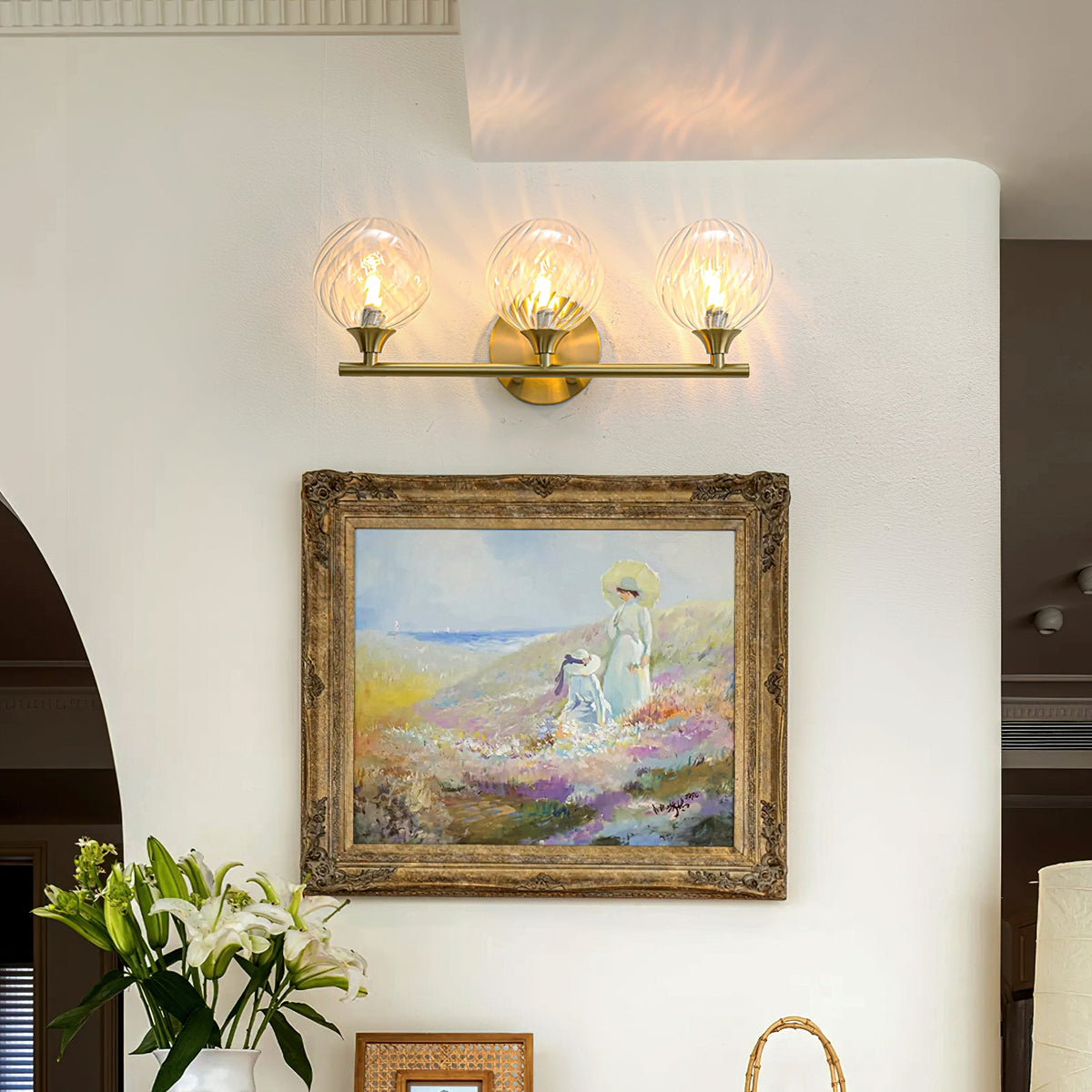 Ribbed Clear Glass Globe Brass Wall Light