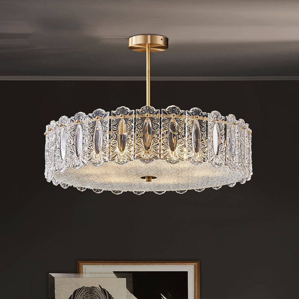 Textured Glass Brass Drum Pendant Light