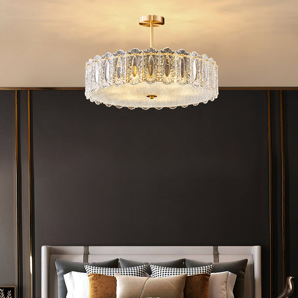Textured Glass Brass Drum Pendant Light