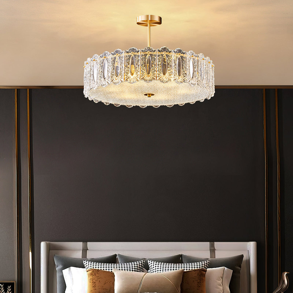 Textured Glass Brass Drum Pendant Light