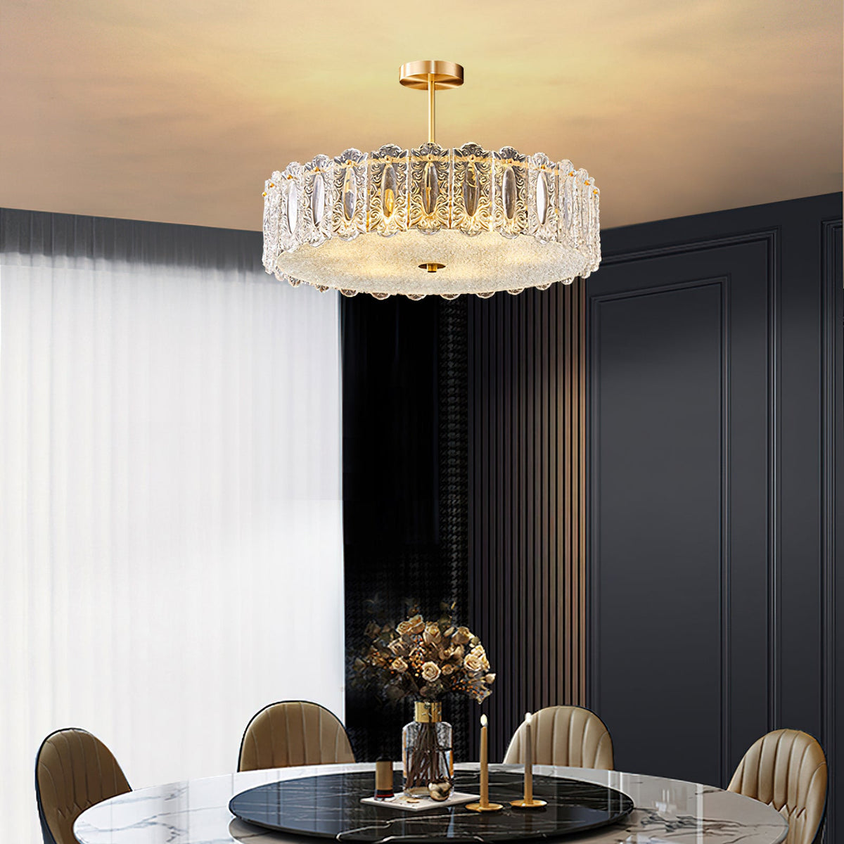 Textured Glass Brass Drum Pendant Light