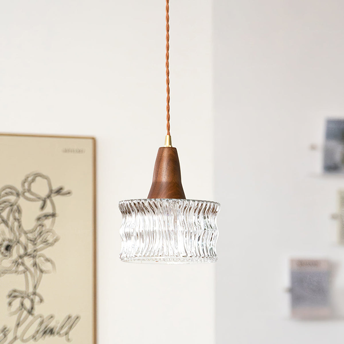 Walnut & Carved Glass Mini Pendant Light