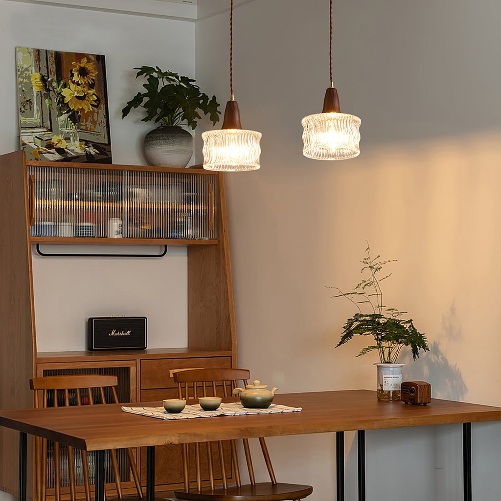 Walnut & Carved Glass Mini Pendant Light