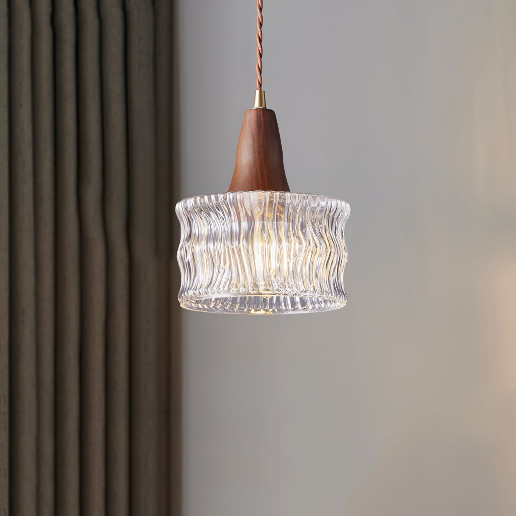 Walnut & Carved Glass Mini Pendant Light