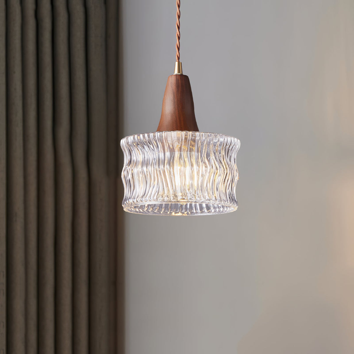 Walnut & Carved Glass Mini Pendant Light