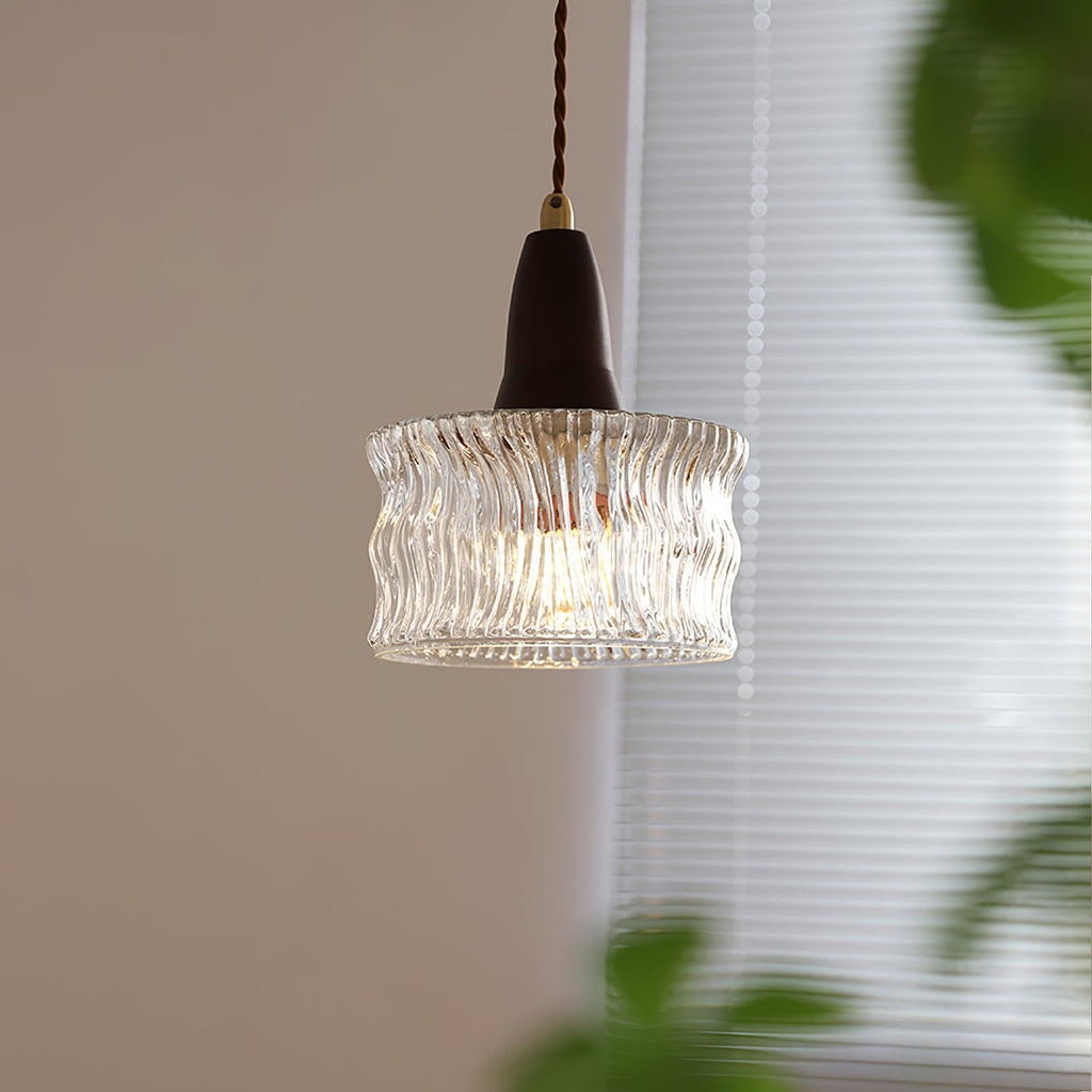 Walnut & Carved Glass Mini Pendant Light