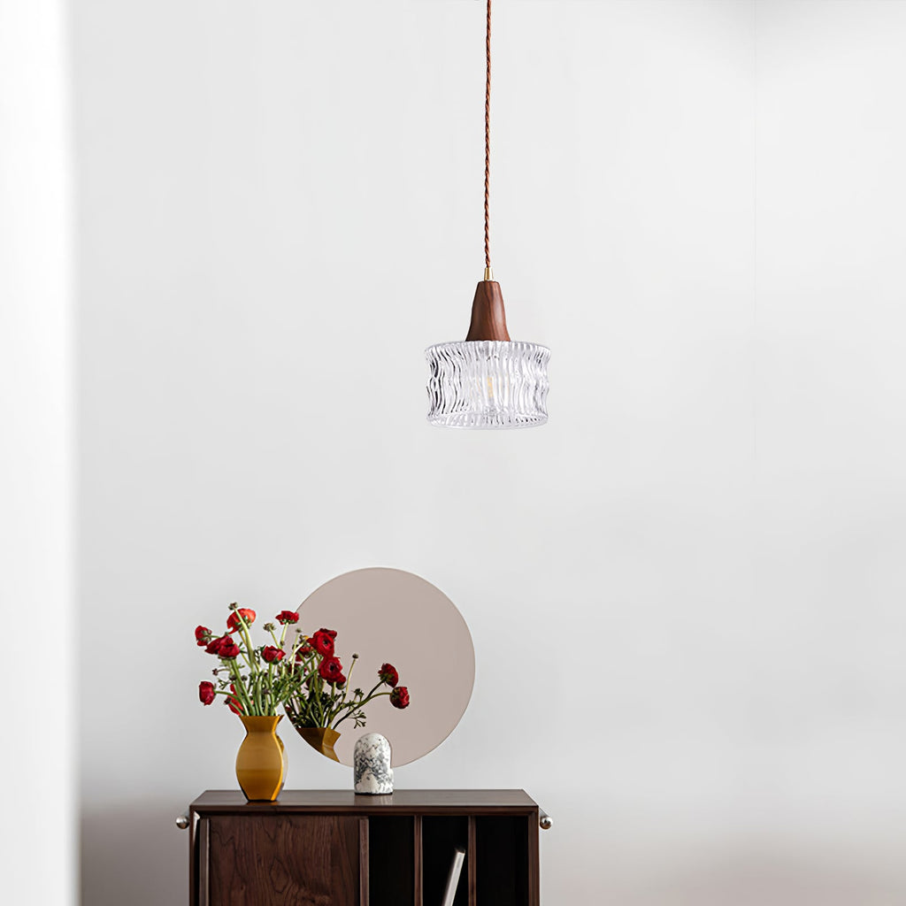 Walnut & Carved Glass Mini Pendant Light