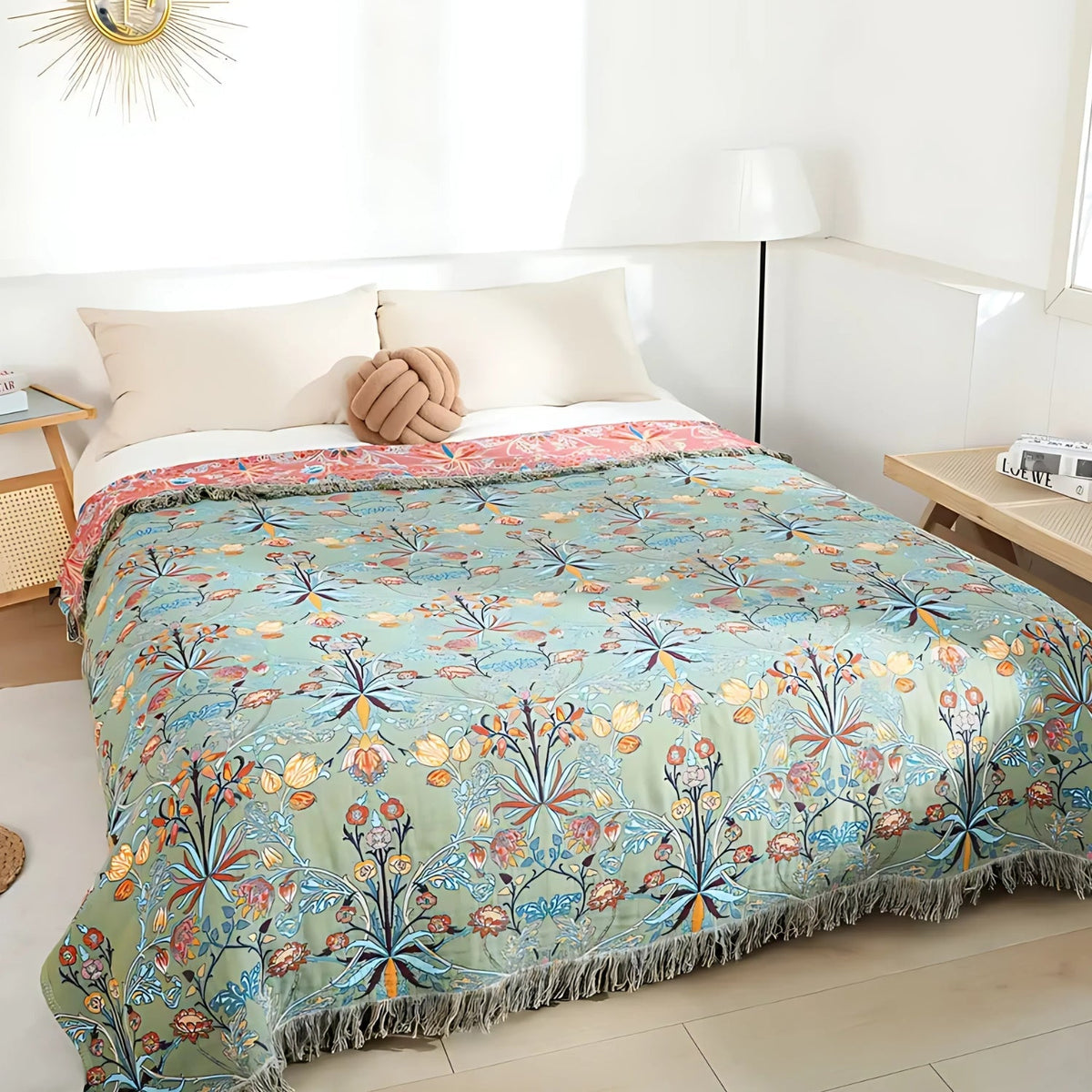 Floral Jacquard Tasseled Cotton Bedspread