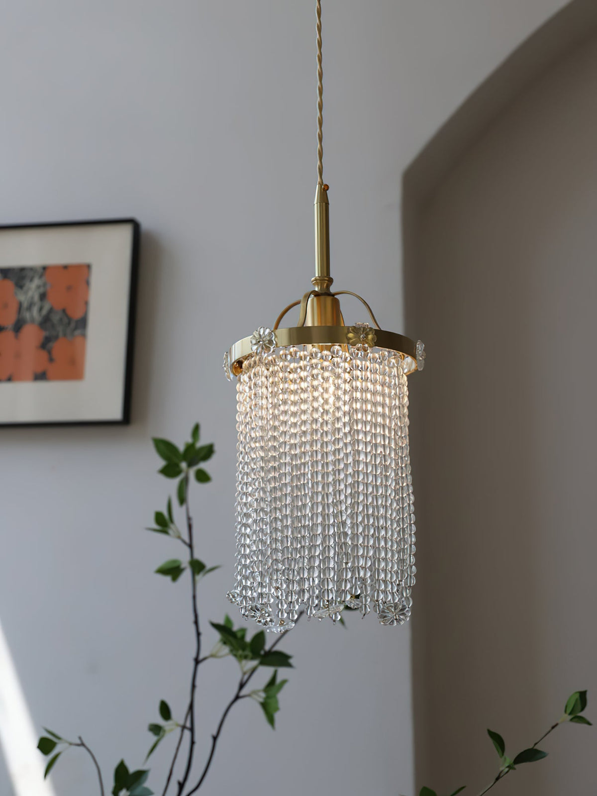 Beaded Strand Brass Cylinder Pendant