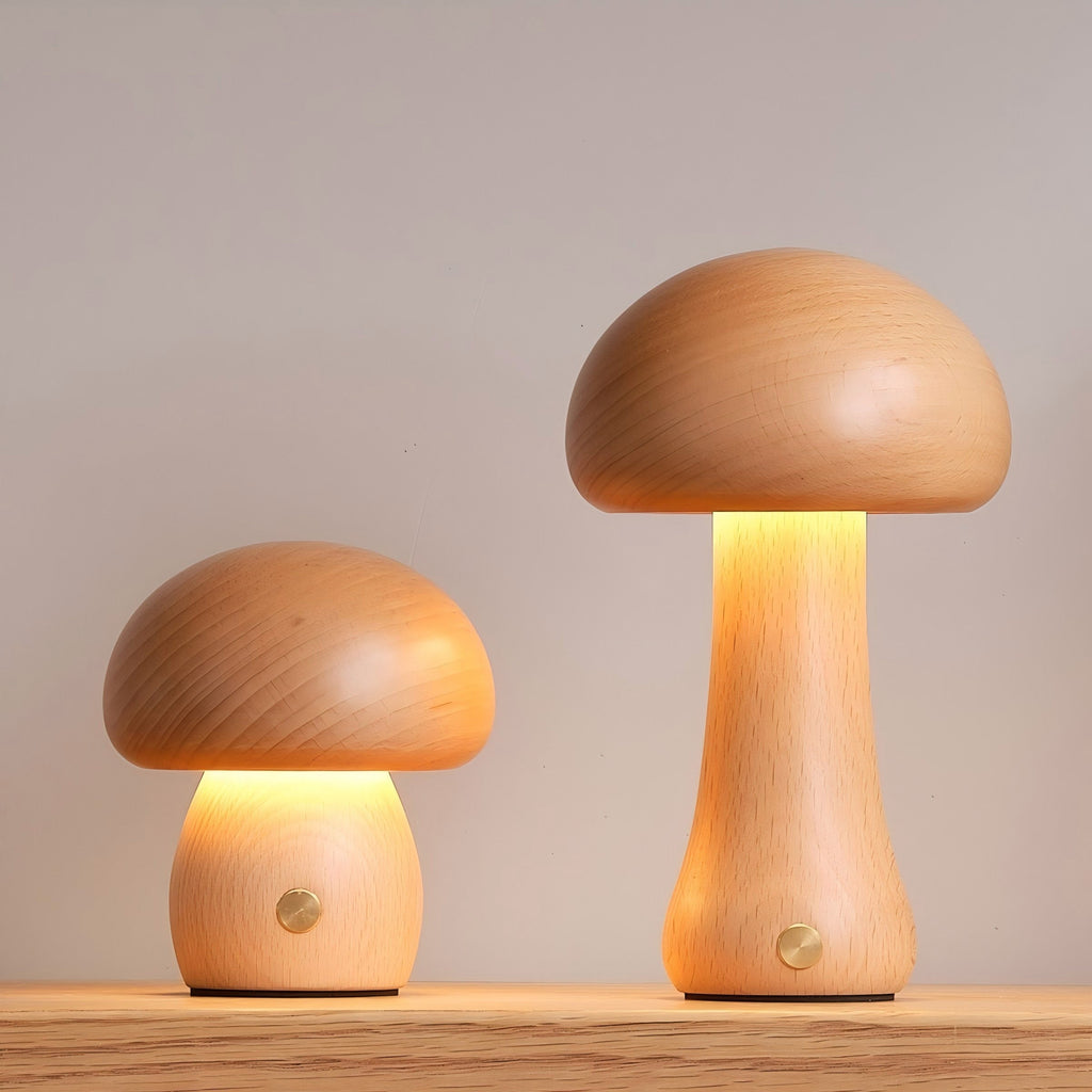 Cordless Wooden Mushroom Table Lamp