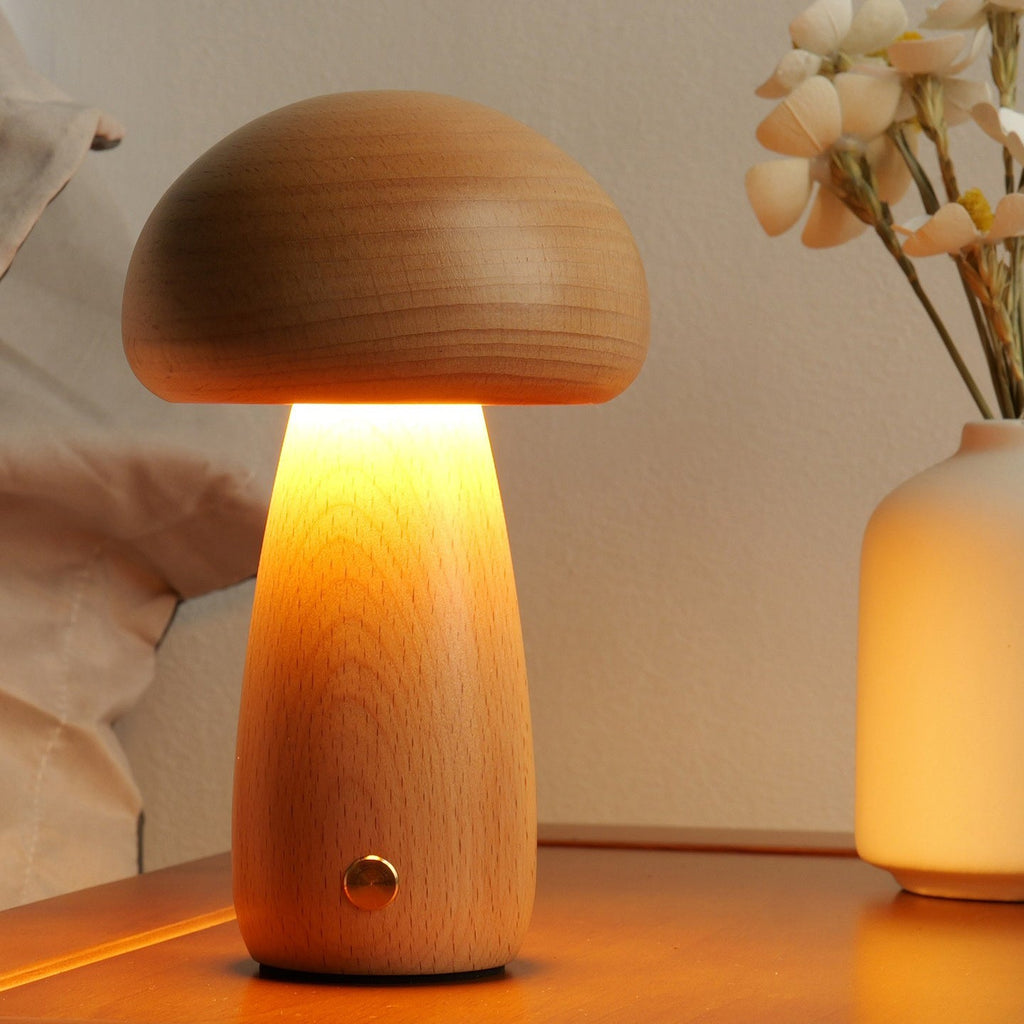 Cordless Wooden Mushroom Table Lamp