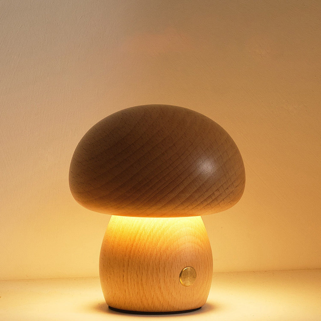 Cordless Wooden Mushroom Table Lamp