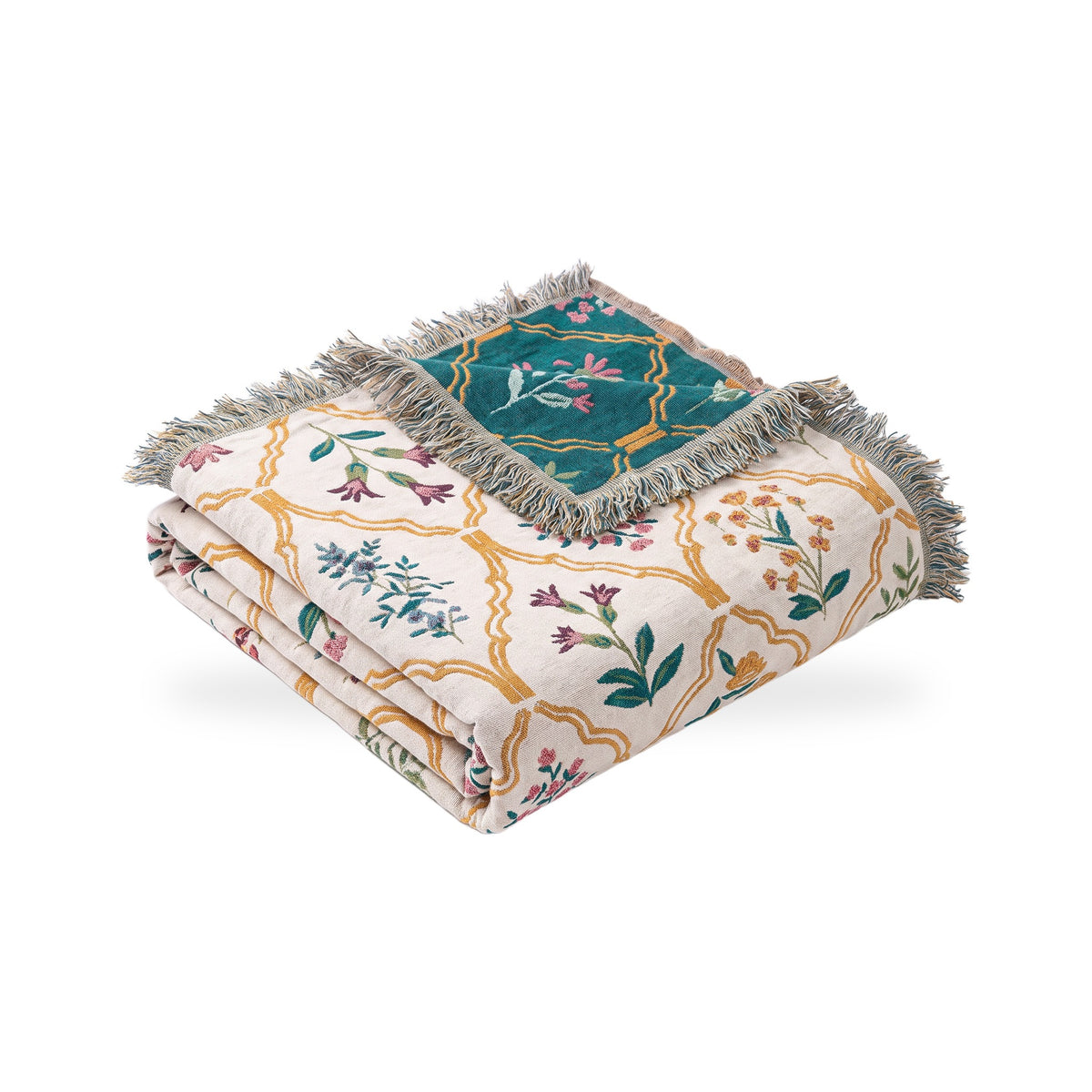 Ogee Lattice Floral Sprig Reversible Jacquard Blanket