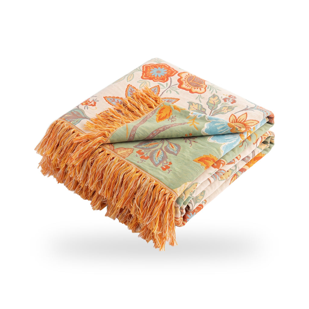 Orange & Blue Boho Floral Cotton Blanket with Fringe