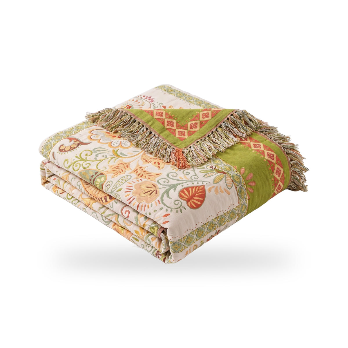 Boho Paisley Leaf Reversible Cotton Gauze Blanket with Tassels