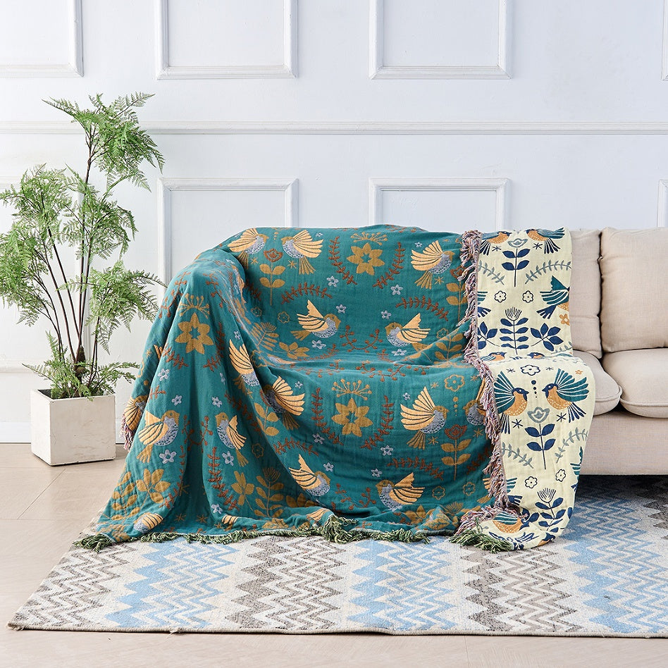 Scandinavian Bird Reversible Fringed Cotton Blanket