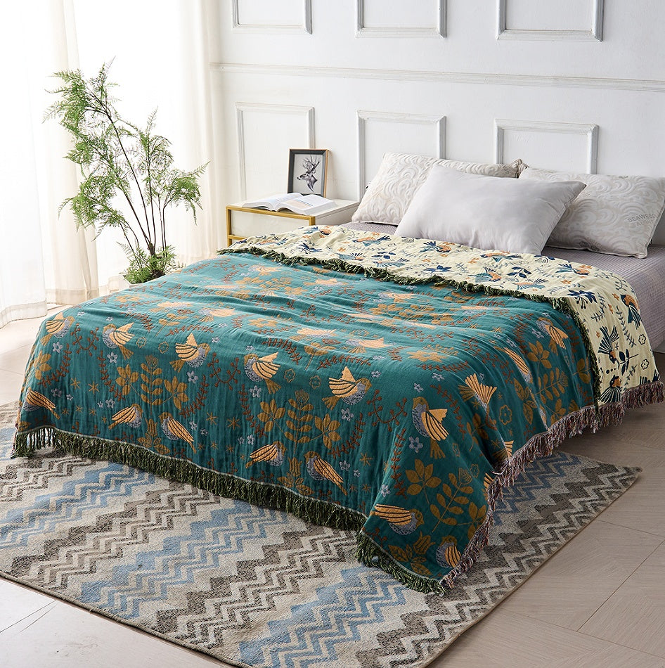 Scandinavian Bird Reversible Fringed Cotton Blanket