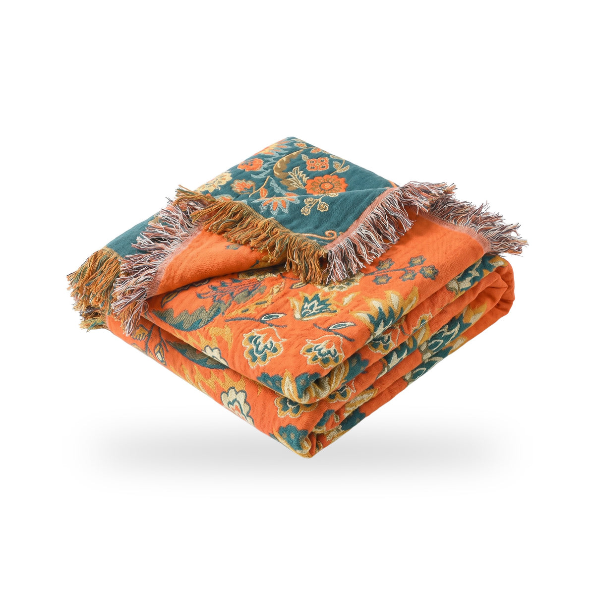 Orange & Teal Reversible Floral Cotton Gauze Throw