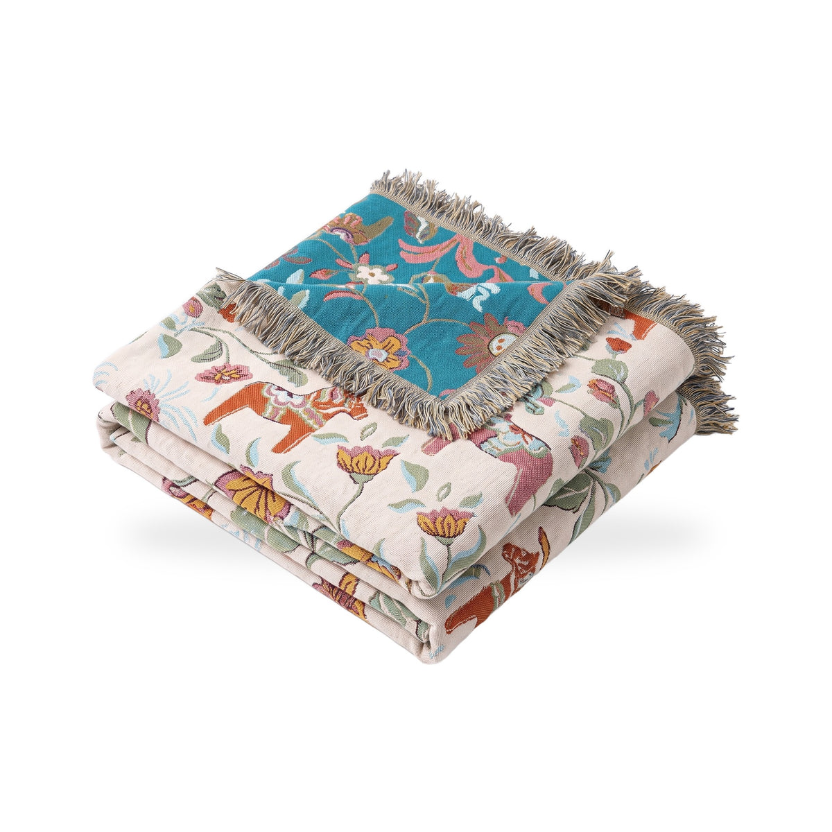 Folk Horse & Flower Reversible Cotton Blanket